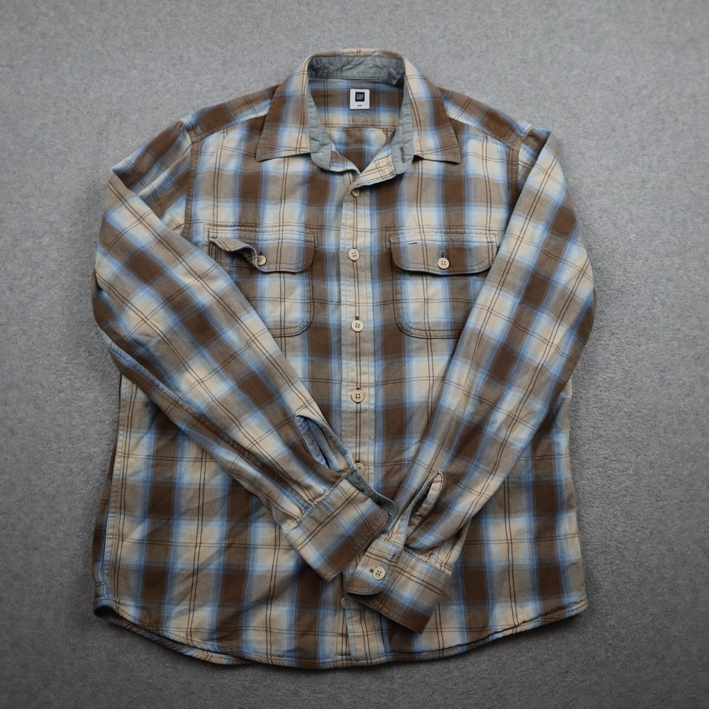 Gap Flannel Shirt Mens Medium Utility Brown Blue Plaid Button Long Sleeve Cotton